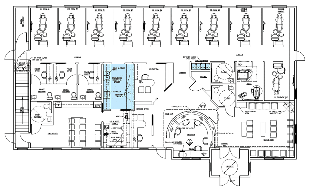 10 operatory dental practice with central resupply