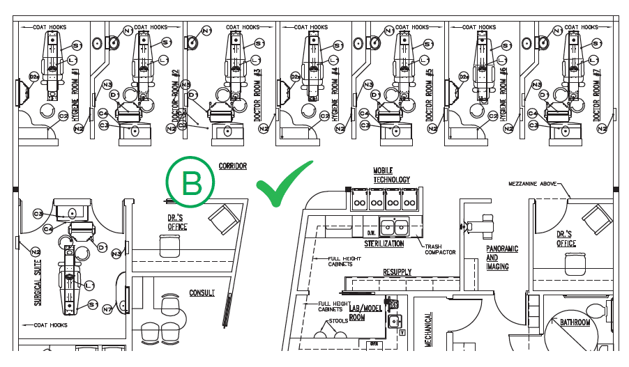 Floor plan that is set up the right way to reduce sound attenuation in a dental office