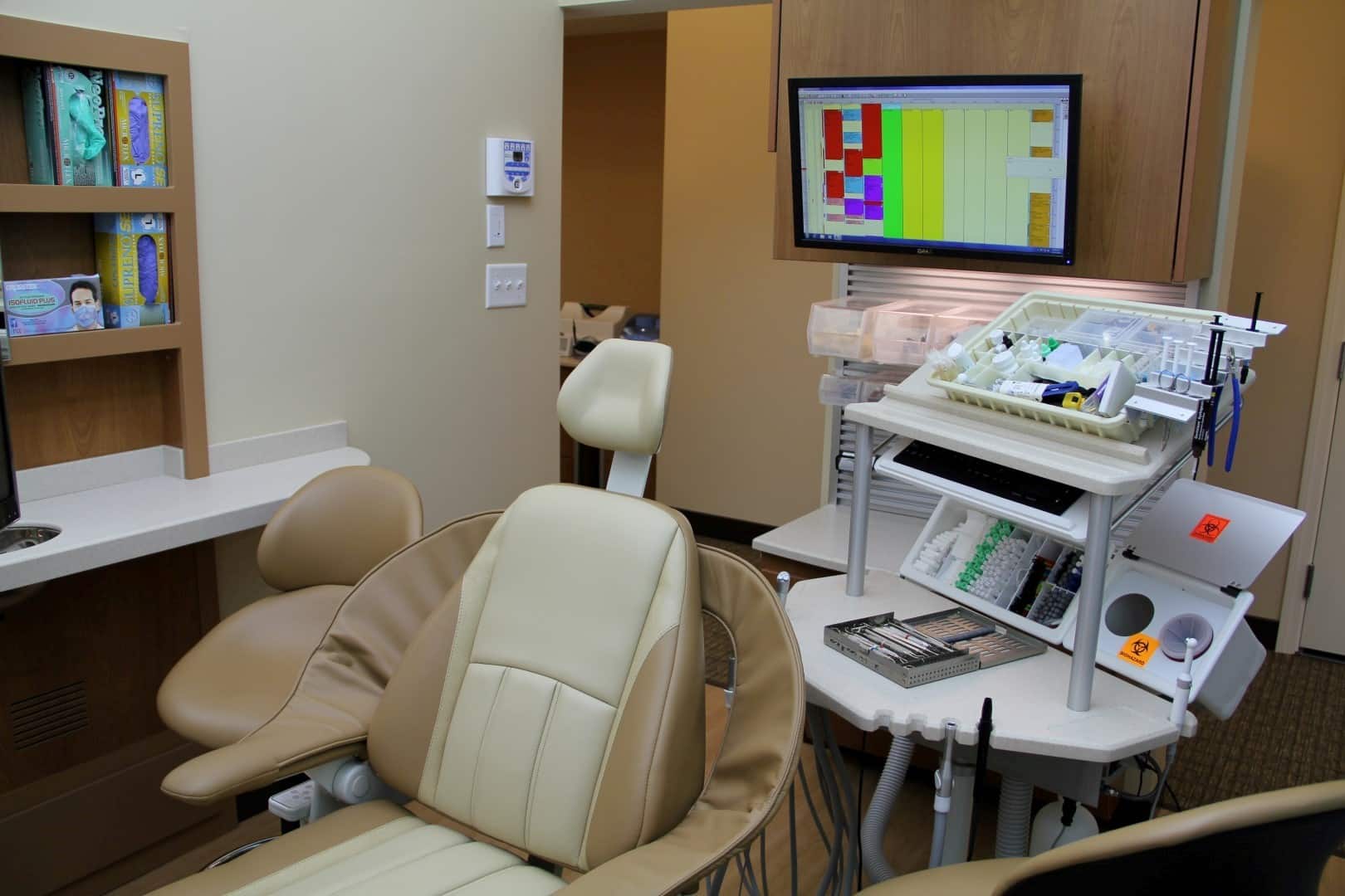 Dental assistant view of patient chair and workstation